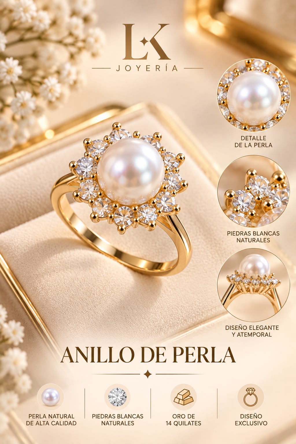 ANILLO DE PERLA COMPROMISO 14K 3.2GR